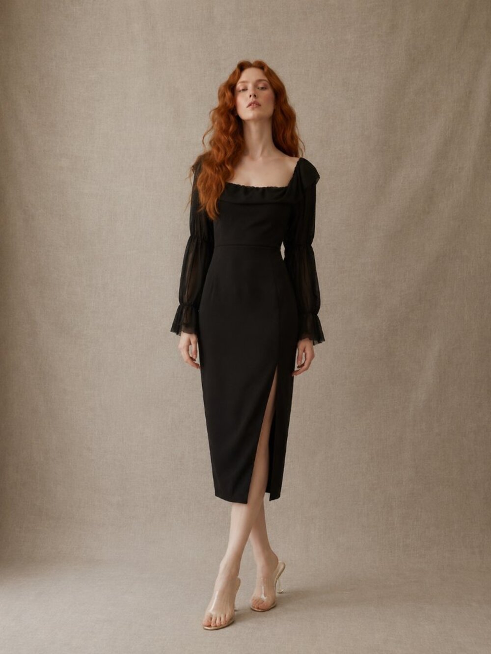 ASOS Black Long-Sleeve Square-Neck Midi Dress Size 6 LBD